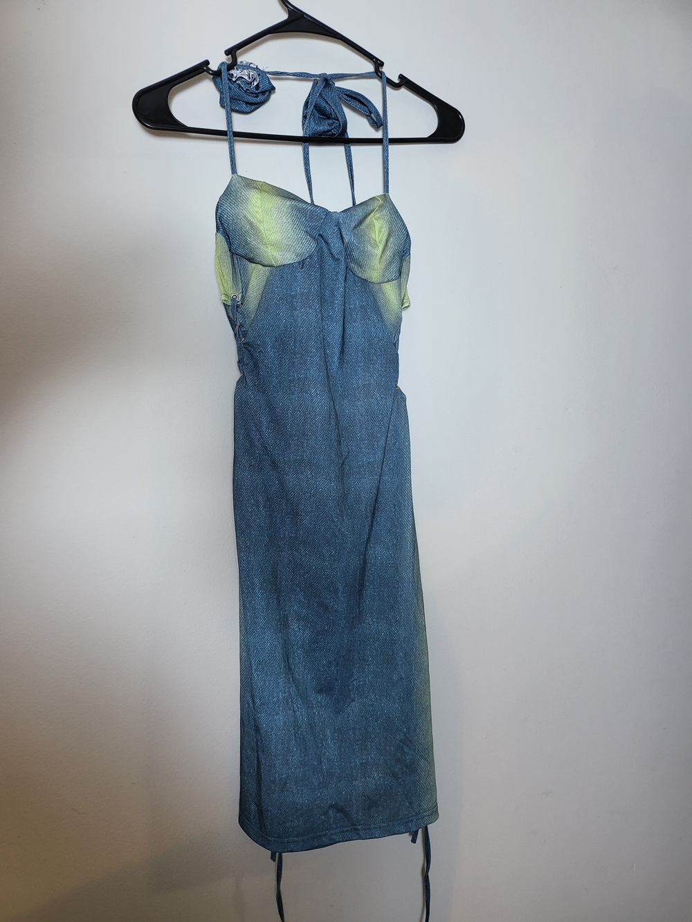 Blue and Lime Spaghetti-Strap Midi Dress